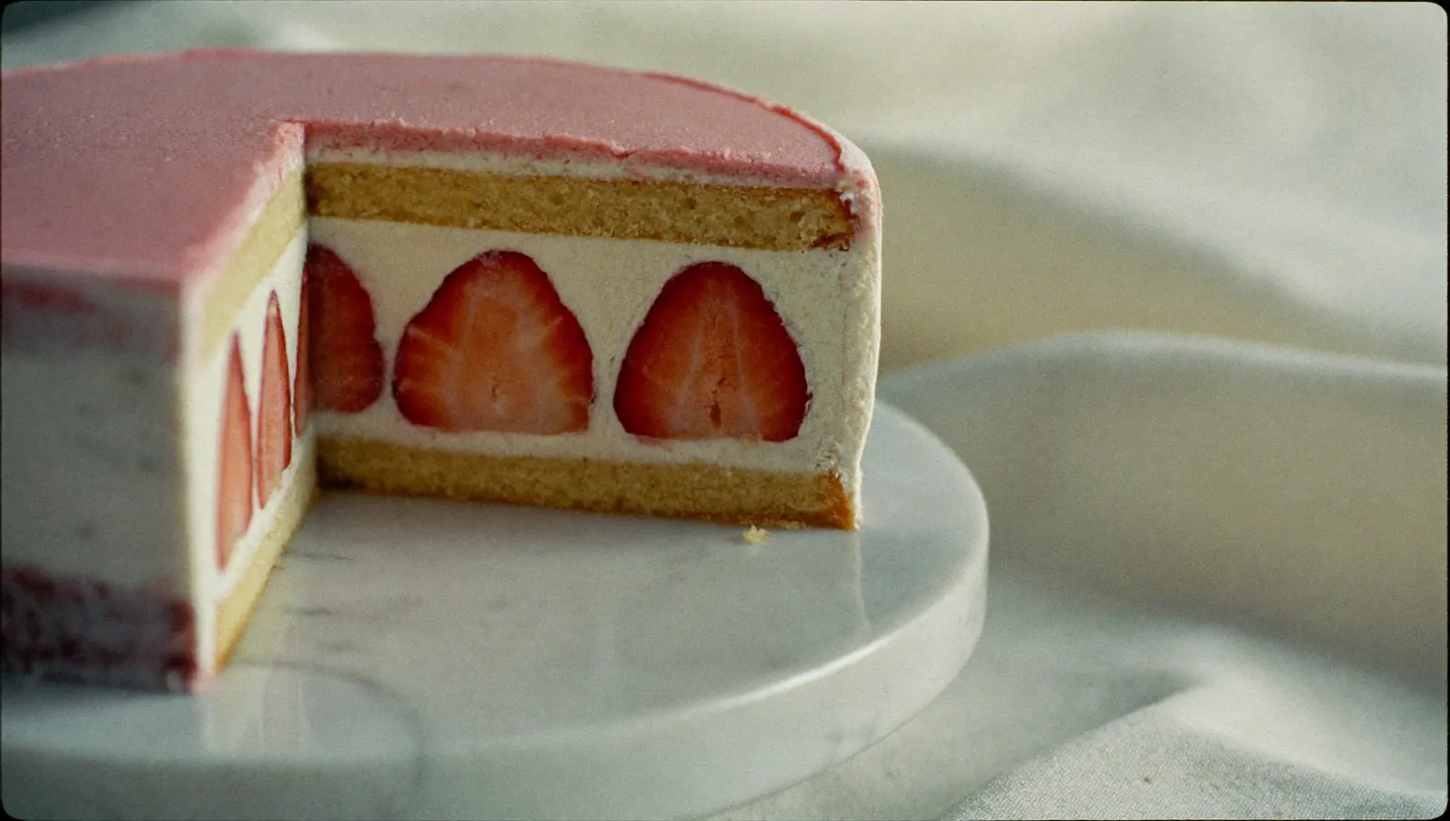 Fraisier en coupe sur un marbre blanc